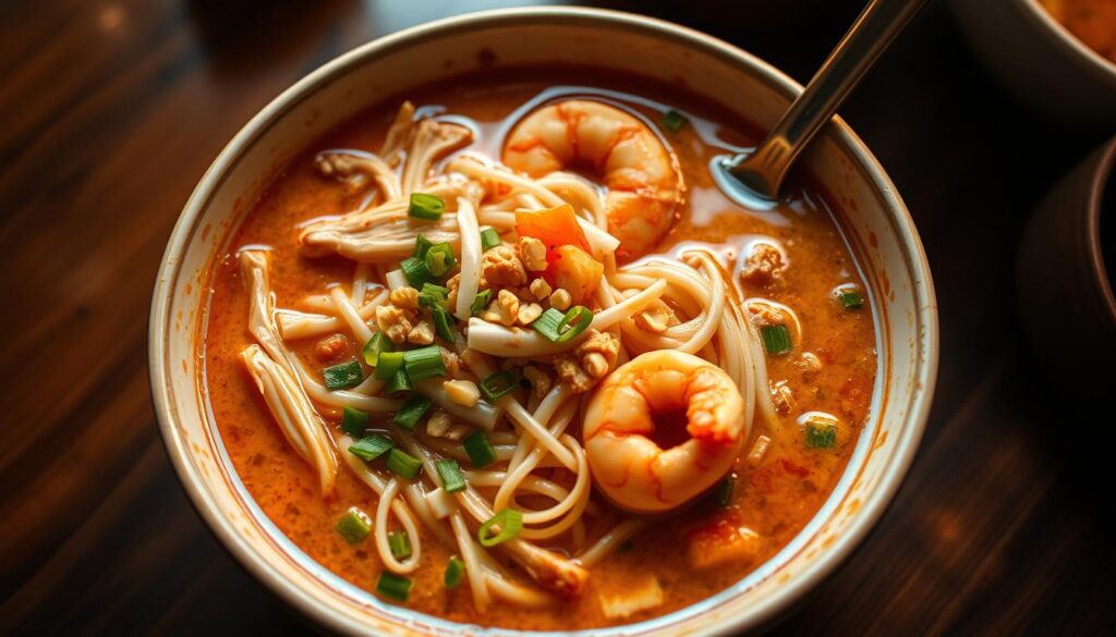 A piping hot bowl of Singapore laksa noodle soup, brimming with thick rice noodles, shredded chicken, prawns, and a creamy, spicy coconut-based broth. The noodles are perfectly al dente, nestled among crunchy bean sprouts, sliced green onions, and a sprinkling of crushed peanuts. The dish is illuminated by soft, warm lighting, casting a golden glow and highlighting the vibrant colors of the ingredients. The camera is positioned at a slight overhead angle, capturing the depth and layers of the soup in crisp, high-resolution detail. The atmosphere is cozy and inviting, evoking the bustling hawker stalls and vibrant street food culture of Singapore.
