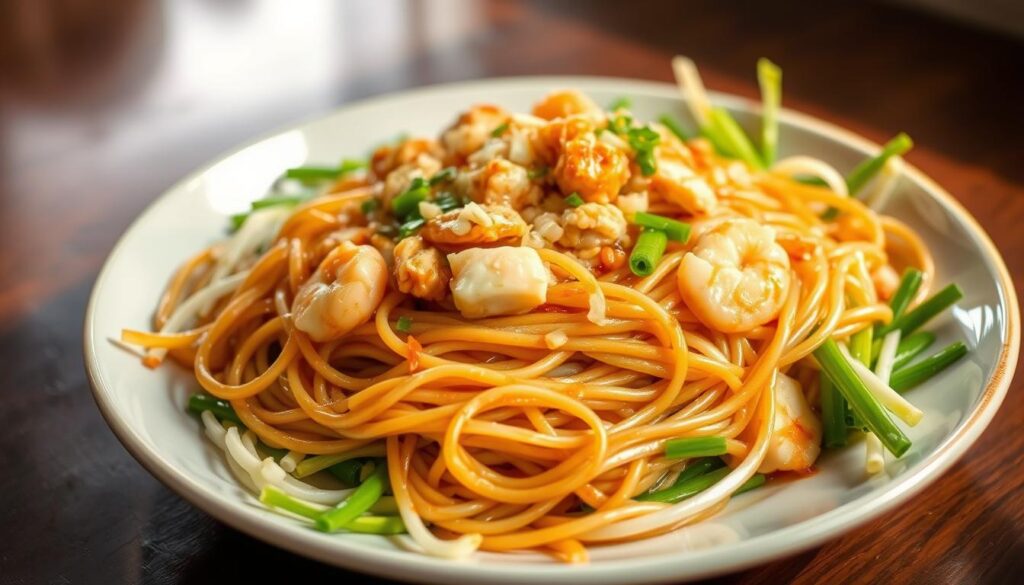 A plate of budget-friendly fried bee hoon, sizzling with aromatic garlic and shallots, nestled atop a bed of fresh, crisp bean sprouts. The noodles glisten with a light soy-based sauce, each strand cooked to perfect springiness. Scattered across the dish are small pieces of tender chicken and shrimp, providing pops of savory protein. Illuminated by warm, natural lighting, the scene exudes a comforting, homemade atmosphere. The overall presentation is simple yet appetizing, showcasing the unassuming yet delicious nature of this affordable Singaporean staple.