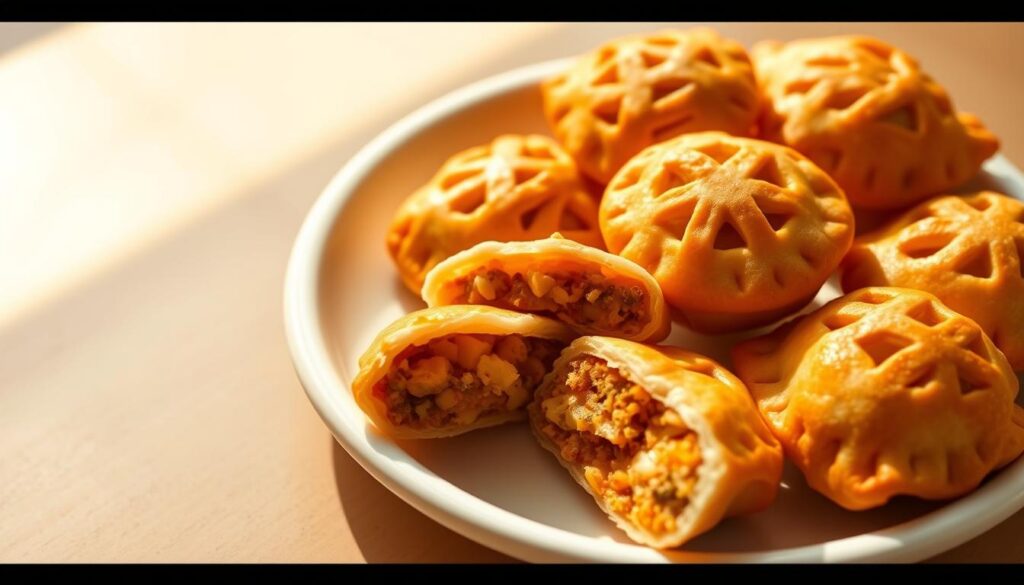 A plate of freshly baked Singapore curry puffs, the golden flaky pastry shells revealing a savory filling of curried potatoes, chicken, and aromatic spices. The puffs are arranged artfully, some sliced in half to showcase the cross-section. Warm natural lighting casts a soft glow, highlighting the intricate lattice pattern on the puff tops. The puffs are set against a clean, minimalist background, allowing the snack to take center stage. The overall scene evokes a sense of comfort, nostalgia, and the cherished role of curry puffs as a beloved local delicacy in the Singaporean culinary landscape.