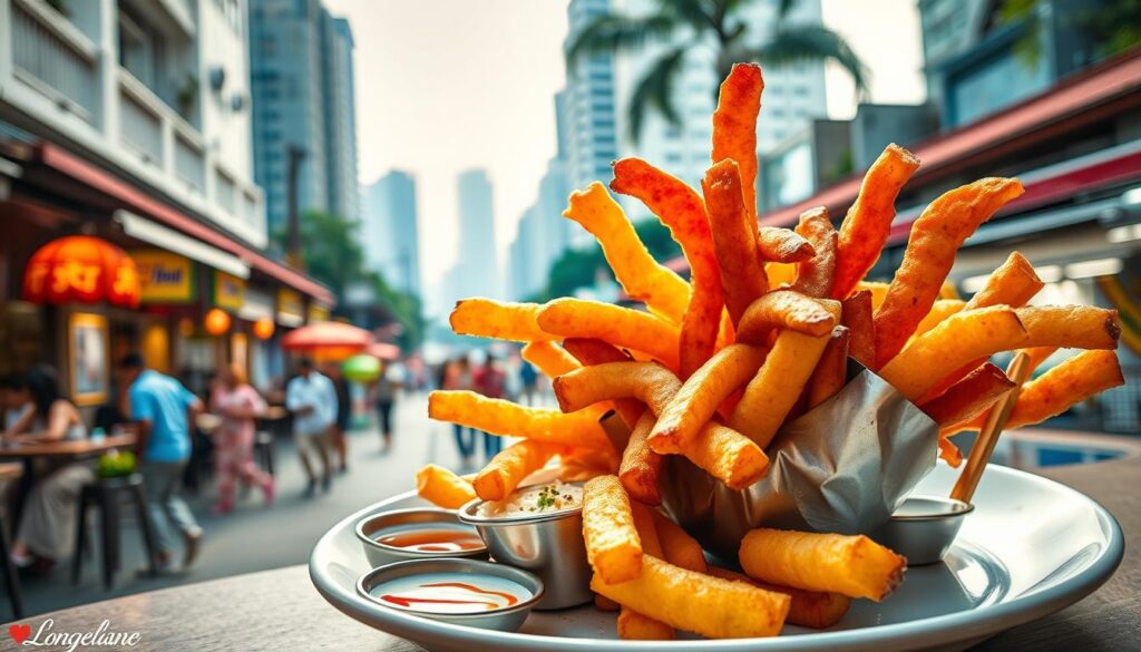 A plate of uniquely shaped and colorful fries, artfully arranged against a backdrop of vibrant Singaporean street life. The fries are expertly crafted, featuring unexpected shapes and textures, such as spiral-cut, waffle-cut, and irregular, hand-cut forms. They glisten under soft, warm lighting, casting dynamic shadows that add depth and dimensionality to the scene. In the foreground, the fries are accompanied by a selection of creative dipping sauces and garnishes, reflecting the bold, experimental spirit of Singaporean cuisine. The middle ground features the bustling energy of a lively hawker center, with people, tables, and the distinctive architecture of shophouses. The background blends the urban landscape of Singapore, with high-rise buildings, lush greenery, and a hazy, atmospheric sky, creating a sense of place and cultural context.