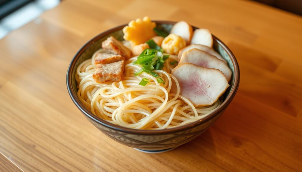 A platter of premium Shimbashi soba noodles, hand-crafted with care, gleaming under soft, warm lighting. Delicate, translucent strands accompanied by a selection of artfully arranged toppings - tender slices of pork, delicate tempura, and vibrant green onions. The bowl sits atop a wooden table, its surface polished to a smooth sheen, evoking a traditional Japanese eatery. Subtle shadows and highlights accentuate the dish's textures, while a gentle blur in the background suggests a serene, minimalist atmosphere, allowing the noodles to take center stage. A platter of premium Shimbashi soba noodles, hand-crafted with care, gleaming under soft, warm lighting. Delicate, translucent strands accompanied by a selection of artfully arranged toppings - tender slices of pork, delicate tempura, and vibrant green onions. The bowl sits atop a wooden table, its surface polished to a smooth sheen, evoking a traditional Japanese eatery. Subtle shadows and highlights accentuate the dish's textures, while a gentle blur in the background suggests a serene, minimalist atmosphere, allowing the noodles to take center stage.