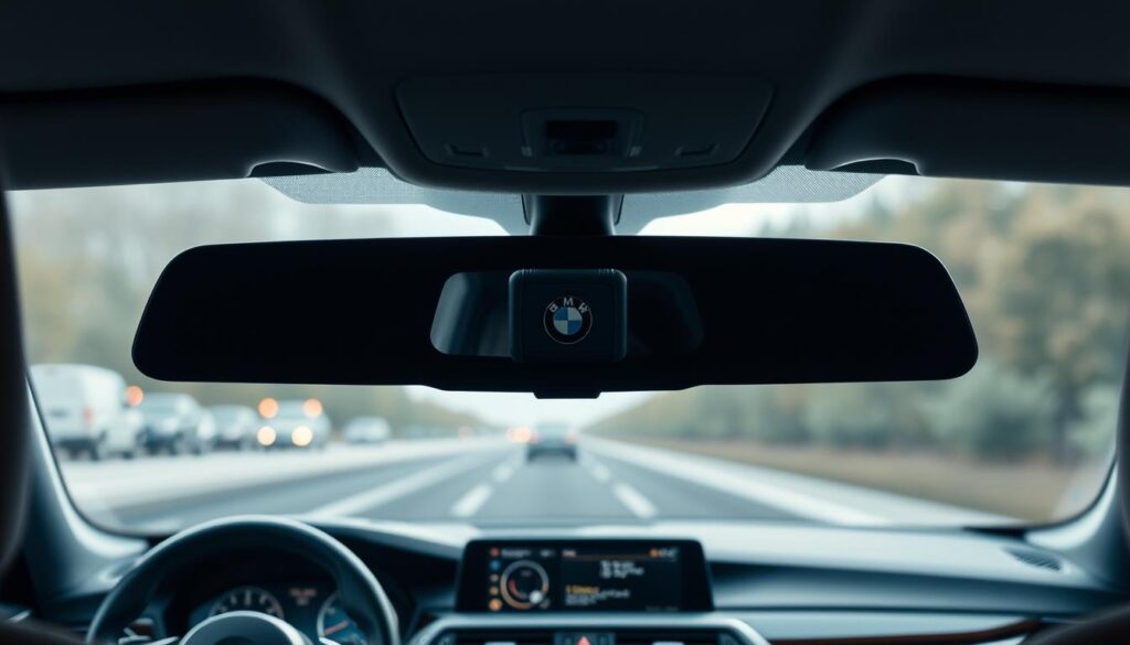 A premium BMW sedan with the Advanced Car Eye 2.0 camera system prominently integrated into the dashboard. The camera is mounted discreetly behind the rearview mirror, its sleek black casing blending seamlessly with the vehicle's interior. Soft, indirect lighting illuminates the cabin, creating a sense of sophistication and technological prowess. The dashboard displays a clean, minimalist design, with the camera's interface unobtrusively incorporated into the center console. The overall scene conveys a high-end, premium driving experience enhanced by the latest in-car safety and monitoring technology.