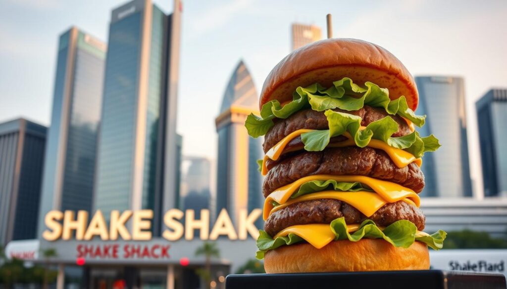A premium Shake Shack burger set against the vibrant cityscape of Singapore. In the foreground, a juicy beef patty is stacked high with melted cheddar, crisp lettuce, and a toasted brioche bun. The middle ground showcases the iconic Shake Shack branding and signage, bathed in warm, golden light. In the background, the sleek, modern skyline of Singapore's financial district rises up, framed by a clear, azure sky. The overall scene conveys a sense of urban sophistication and a high-quality, elevated fast-food experience.