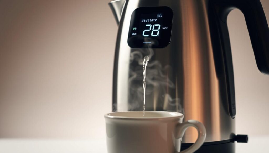 A premium electric kettle with precision temperature control, its sleek stainless steel body gleaming under warm studio lighting. The kettle's digital display showcases the exact water temperature, allowing for the perfect brew. In the foreground, the kettle's spout is positioned to pour steaming water into a classic ceramic teacup. The background fades into a soft, muted gradient, placing the focus entirely on the high-end appliance's form and function.
