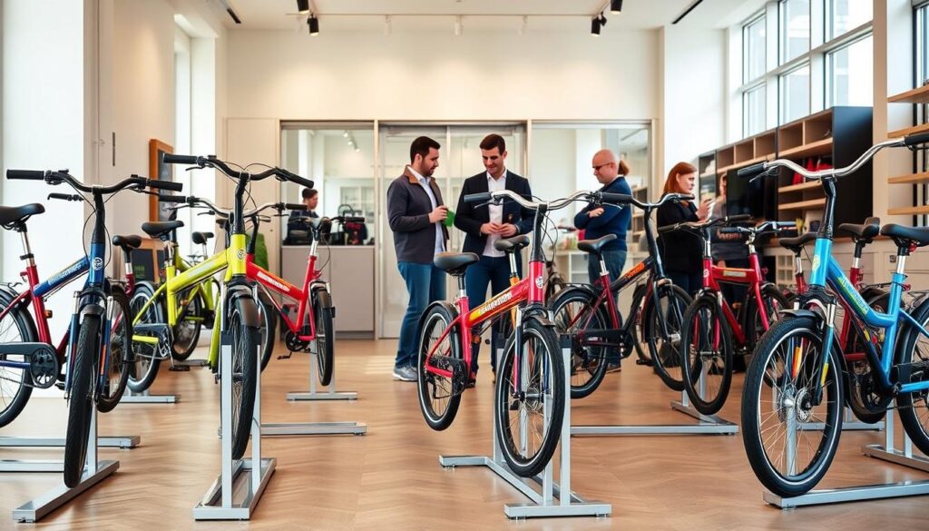 A premium folding bike showroom in a modern, minimalist storefront. In the foreground, several Brompton folding bikes in a variety of vibrant colors are displayed on sleek metal stands, their compact frames and intricate mechanisms showcased under warm, directional lighting. The middle ground features a few customers examining the bikes, their expressions conveying a sense of enthusiasm and consideration. The background shows a clean, airy space with large windows allowing natural light to pour in, highlighting the bikes' polished finishes. The overall atmosphere is one of quality, innovation, and the joyful convenience of urban cycling.