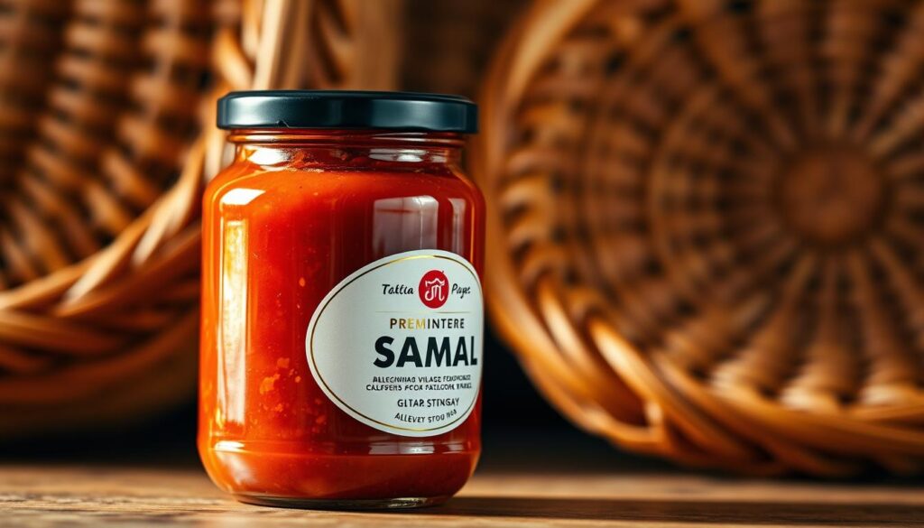 A premium sambal sauce presented in a glass jar with a vibrant red hue, accented by flecks of chili peppers and a glossy sheen. The jar is set against a backdrop of traditional Malaysian rattan baskets, evoking a sense of authenticity and heritage. Warm, diffused lighting casts a soft glow, highlighting the sauce's rich, velvety texture. The overall composition conveys the essence of a beloved, time-honored condiment that complements the star dish, grilled stingray, from the Alexandra Village seafood stall.