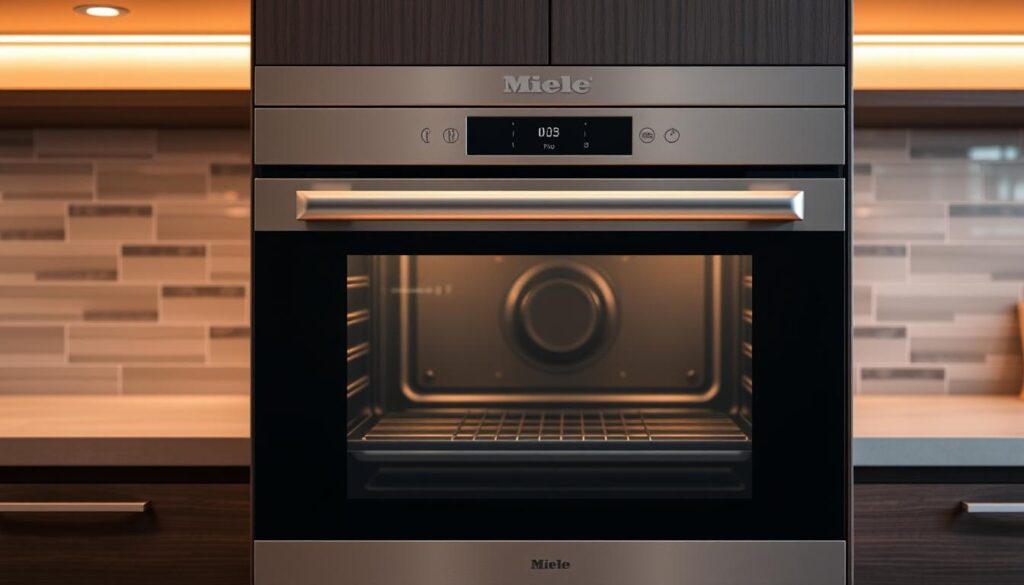 A premium steam combination oven in a sleek, modern kitchen setting. In the foreground, a stainless steel oven door with a gleaming handle and control panel featuring intuitive touch controls. The oven's interior is visible through a glass window, showcasing its spacious cavity and high-end stainless steel finish. In the middle ground, a clean, minimalist countertop with a subtle wood grain texture. Behind the oven, a tiled backsplash in a neutral color palette, accentuated by warm, indirect lighting that casts a soft, even glow throughout the scene. The overall atmosphere is one of high-end sophistication and attention to detail, reflecting the premium quality of the Miele DGC 7440 HC Pro steam combination oven.
