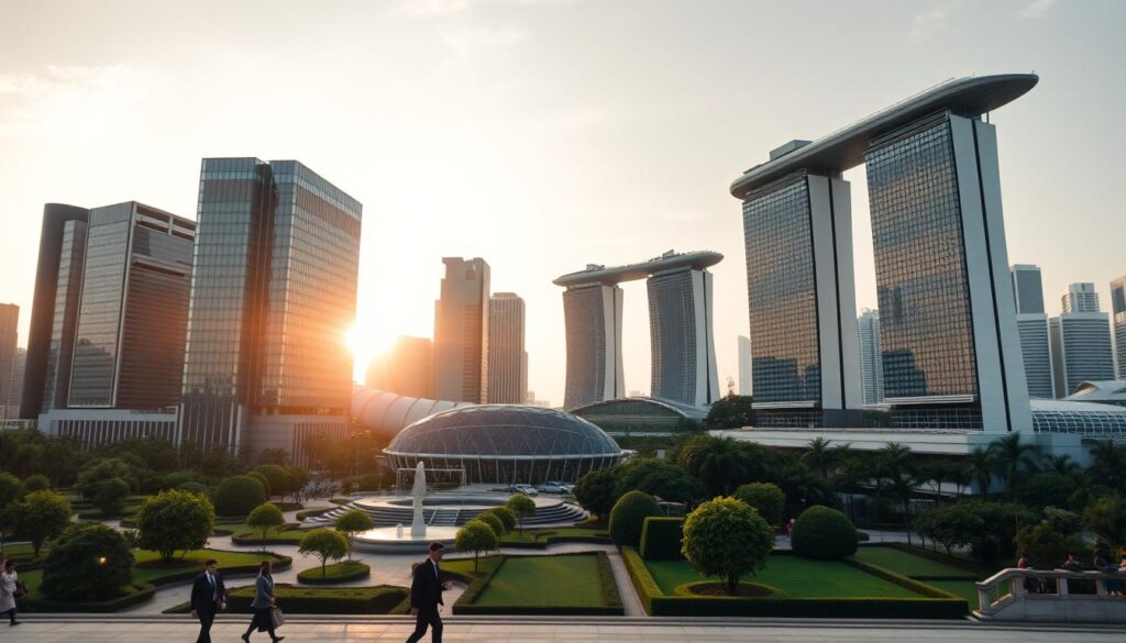 A prestigious skyline of Singapore's largest and most renowned law firms, their towering glass facades glistening in the warm afternoon sun. The foreground features the distinctive silhouettes of these legal powerhouses, their architectural designs conveying a sense of authority and tradition. The middle ground showcases lush, well-manicured gardens and plazas, where professionals in crisp suits hurry to and fro. In the distance, the iconic Marina Bay Sands and other iconic landmarks of the city-state form the backdrop, creating a harmonious blend of modernity and legacy. Subtle lens flare and a soft, warm color palette imbue the scene with an air of sophistication and success.