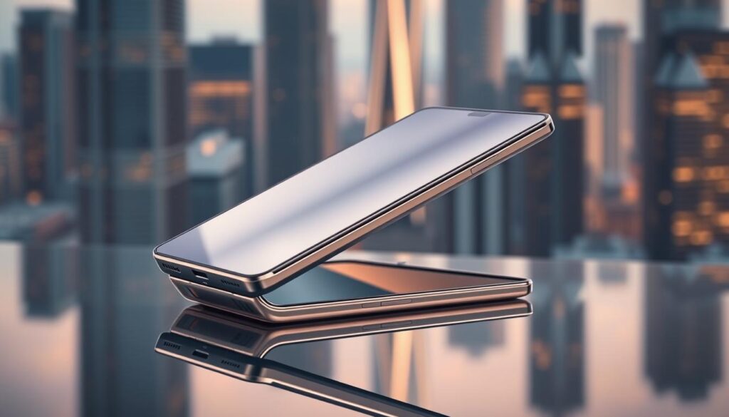 A pristine Oppo Find N5 foldable smartphone resting on a sleek glass surface, its polished metallic frame reflecting the warm ambient lighting. The device's display is folded, showcasing the intricate hinge mechanism. In the background, a softly blurred cityscape of towering skyscrapers creates a modern, urban atmosphere. Subtle shadows and highlights accentuate the smartphone's elegant design, its smooth curves and razor-sharp edges. The image conveys a sense of premium craftsmanship and the latest advancements in mobile technology.