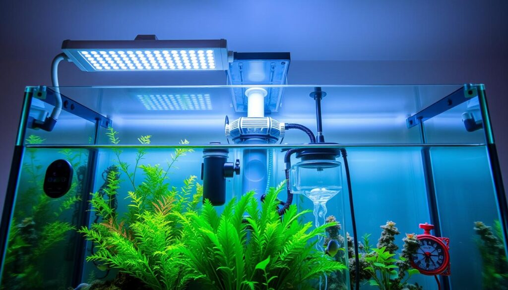 A pristine aquarium with a sleek, modern design, showcasing the essential equipment for a thriving underwater ecosystem. In the foreground, a powerful LED lighting system casts a vibrant, natural glow, highlighting the lush greenery and vibrant aquatic life. The middle ground features a high-quality filtration system, its intricate components visible through a transparent housing, ensuring crystal-clear water. In the background, a state-of-the-art heater and thermometer maintain the perfect water temperature, creating an ideal environment for the aquatic inhabitants. The scene is captured with a wide-angle lens, emphasizing the harmonious balance of the aquarium's carefully curated elements, exuding a sense of tranquility and control.