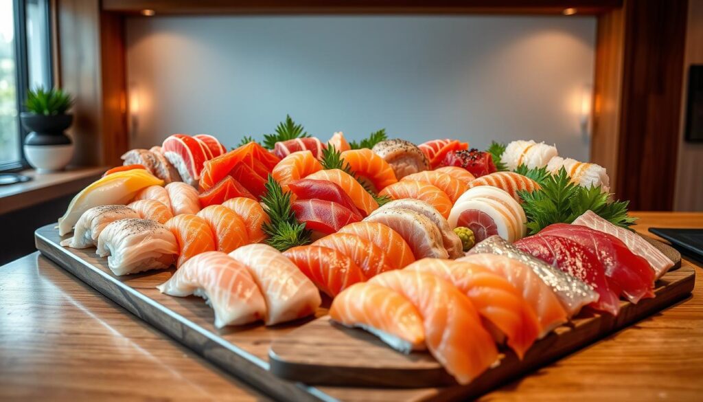 A pristine array of premium sashimi laid out on a sleek, wooden sushi bar. Fresh, glistening slices of yellowtail, salmon, tuna, and other seasonal seafood delicacies arranged in an artful display. Subtle lighting from above casts a warm glow, highlighting the vibrant colors and intricate textures of the sashimi. The background is a minimalist, Japanese-inspired setting, with clean lines and subdued hues that allow the sashimi to take center stage. An atmosphere of refined elegance and mouthwatering anticipation pervades the scene, inviting the viewer to savor the ultimate sashimi experience. A pristine array of premium sashimi laid out on a sleek, wooden sushi bar. Fresh, glistening slices of yellowtail, salmon, tuna, and other seasonal seafood delicacies arranged in an artful display. Subtle lighting from above casts a warm glow, highlighting the vibrant colors and intricate textures of the sashimi. The background is a minimalist, Japanese-inspired setting, with clean lines and subdued hues that allow the sashimi to take center stage. An atmosphere of refined elegance and mouthwatering anticipation pervades the scene, inviting the viewer to savor the ultimate sashimi experience.