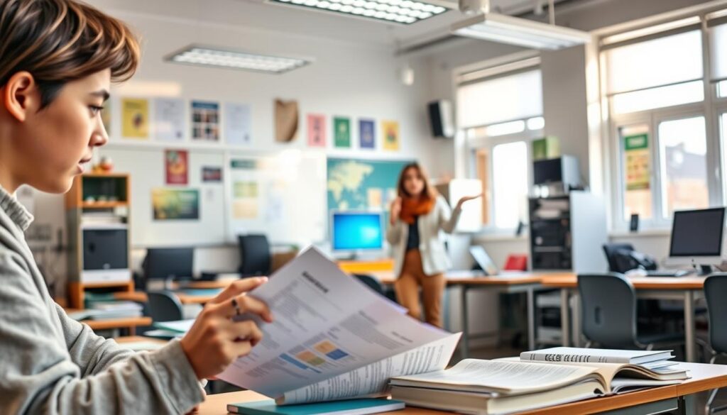 A pristine classroom setting with an array of learning materials and tools. In the foreground, a student intently reviewing English study materials, their focused expression conveying the importance of their studies. In the middle ground, a teacher gesturing animatedly, engaged in an interactive lesson. The background showcases the well-equipped facility, with whiteboards, colorful posters, and modern technology creating an atmosphere conducive to effective English learning. Warm, natural lighting filters through large windows, creating a welcoming and inviting ambiance. The overall scene radiates a sense of academic dedication and the pursuit of English language proficiency.