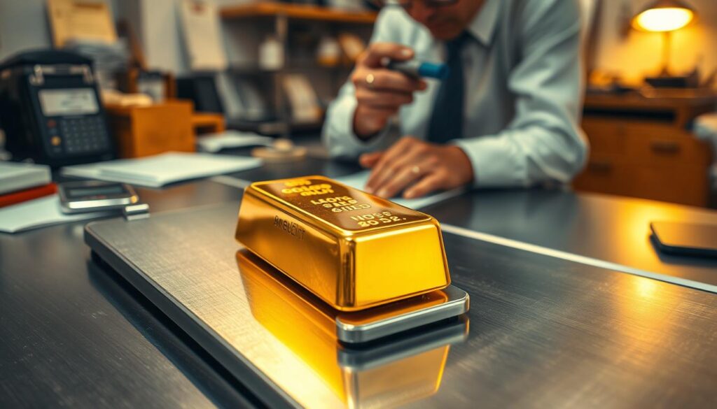A pristine gold bar resting on a sleek metal surface, its lustrous surface gleaming under warm, directional lighting. In the foreground, a pair of precision scales delicately measuring the weight, while in the middle ground, a loupe-wielding expert examines the bar's purity and authenticity. The background reveals a neatly organized workspace, with various tools and documents suggesting a thorough, methodical valuation process. The overall scene conveys a sense of professionalism, attention to detail, and the importance of accurately assessing the value of this precious metal.
