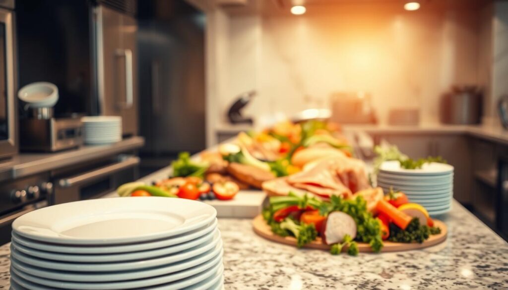 A pristine kitchen counter, gleaming with stainless steel appliances and shimmering granite surfaces. In the foreground, a stack of pristine white plates, each adorned with a delicate garnish, exuding an air of culinary excellence. The middle ground showcases an array of fresh, vibrant ingredients - succulent meats, crisp vegetables, and fragrant herbs - artfully arranged to convey the promise of a gastronomic experience of the highest caliber. Bathed in warm, natural lighting, the scene emanates a sense of refinement, cleanliness, and unwavering commitment to quality. The overall composition evokes a palpable atmosphere of professionalism, attention to detail, and an uncompromising dedication to delivering a premium catering experience.