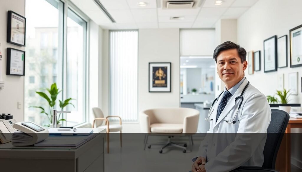 A pristine medical office, flooded with natural light from large windows. In the foreground, a desk with various medical instruments and documents, symbolizing the expertise and professionalism of the endocrinologist. On the walls, framed certificates and awards, demonstrating the specialist's credentials and achievements. The middle ground features a comfortable seating area, where patients can consult with the doctor in a welcoming, personalized environment. The background showcases a modern, state-of-the-art medical facility, conveying a sense of advanced, comprehensive care. The overall atmosphere exudes a balance of clinical precision and patient-centric approach, crucial for choosing the best endocrinologist in Singapore.