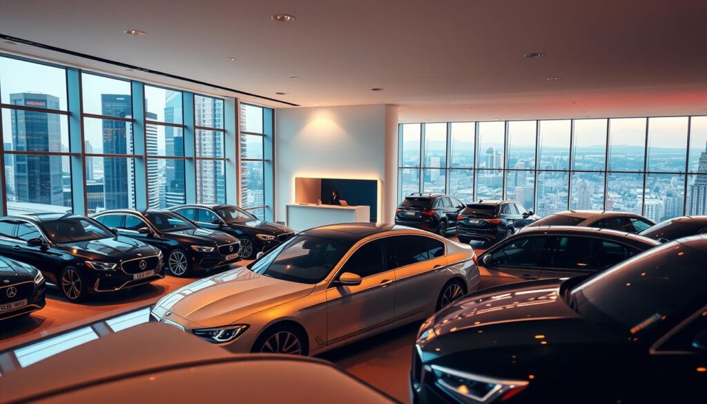 A pristine showroom display of Inchcape Certified Pre-Owned luxury vehicles, bathed in warm, soft lighting that casts a premium sheen on the meticulously detailed exteriors. In the foreground, a row of gleaming sedans and SUVs in various high-end makes and models, showcasing Inchcape's commitment to delivering exceptional, quality-assured pre-owned vehicles. The middle ground features a sleek, modern reception area with minimal, elegant decor, while the background depicts expansive, floor-to-ceiling windows overlooking a bustling city skyline, conveying a sense of urban sophistication. The overall scene exudes an atmosphere of exclusivity, professionalism and consumer confidence, reflecting Inchcape's premium assurance program.