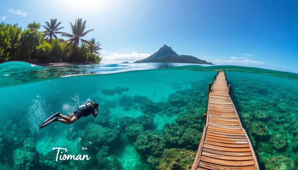 A pristine tropical paradise, Tioman Island emerges from turquoise waters, fringed by swaying palms and verdant jungle. In the foreground, a diver effortlessly glides through the shimmering depths, exploring a vibrant coral reef teeming with diverse marine life. The sun filters through the surface, casting a warm glow and creating mesmerizing patterns of light and shadow. In the middle ground, a wooden jetty stretches out, beckoning visitors to embark on their own diving adventure. The background showcases the island's dramatic silhouette, rising up from the tranquil sea, offering a breathtaking natural spectacle. An atmosphere of peaceful serenity and boundless exploration permeates the scene, capturing the essence of Tioman Island's captivating allure.
