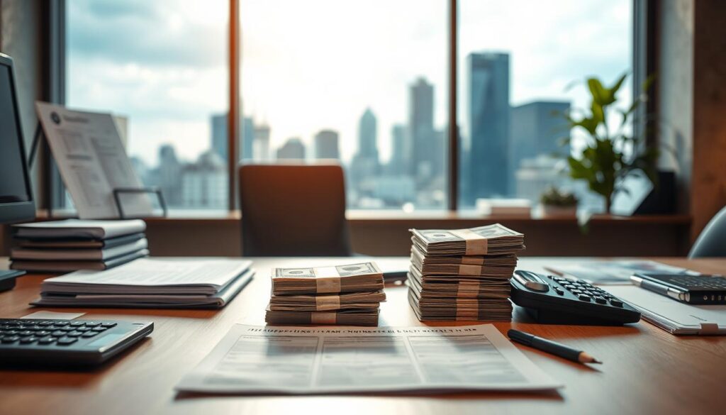A pristine, well-organized office desk showcasing various financial instruments, including stacks of cash, investment documents, and a calculator. The scene is bathed in warm, directional lighting, creating a professional and authoritative atmosphere. In the background, a blurred cityscape skyline can be seen through a large window, conveying a sense of urban financial activity. The overall composition emphasizes the importance of cash management and the availability of alternative investment options to traditional bank accounts.