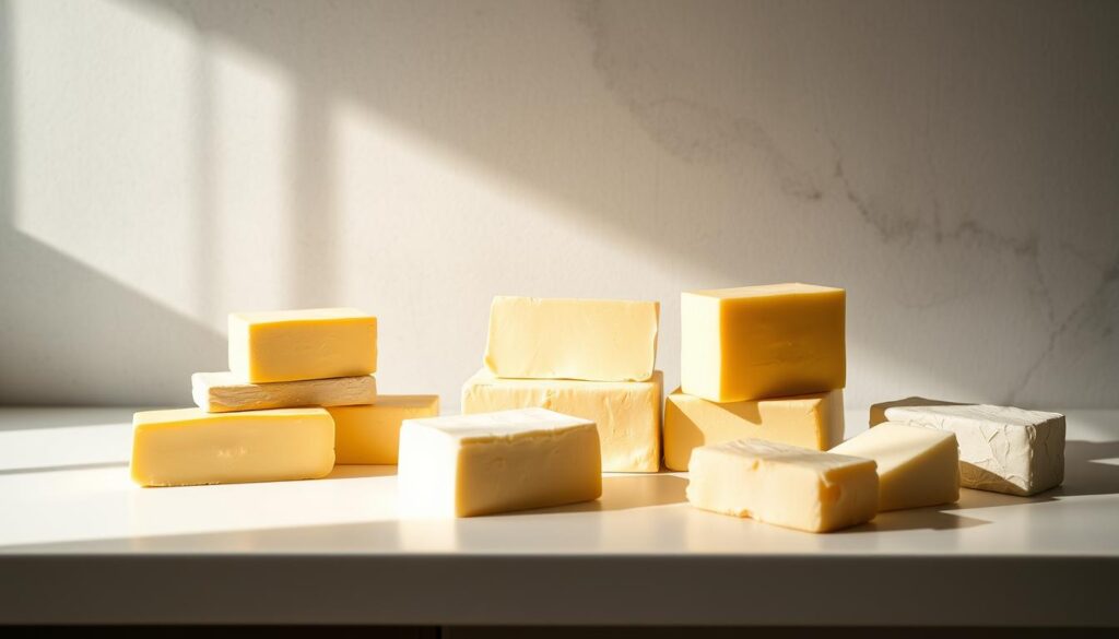 A pristine white countertop showcases an array of premium butter blocks in various hues, from golden yellow to deep ivory. Carefully arranged, these artisanal dairy delights exude an air of refinement and culinary excellence. Dramatic side lighting casts warm shadows, highlighting the rich texture and sheen of the butter's surface. In the background, a minimalist gray wall provides a clean, sophisticated backdrop, allowing the butters to take center stage. The overall composition evokes a sense of luxury and exclusivity, inviting the viewer to imagine the gastronomic possibilities these international premium butters hold.
