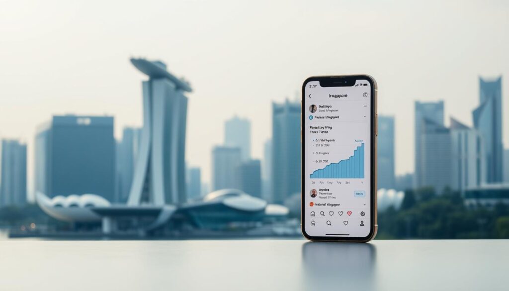 A professional, aesthetically pleasing Instagram post showcasing various industry-specific posting times for businesses in Singapore. The image features a clean, minimalist design with a soft, warm lighting. In the foreground, a smartphone displays a clean, on-trend interface with a graph or chart visualizing the optimal posting times for different industries. The middle ground showcases a variety of Singapore landmarks, including the iconic Marina Bay Sands, to establish the geographic context. The background depicts a serene, hazy cityscape with skyscrapers and lush greenery, creating a sense of tranquility and productivity. The overall composition and color palette convey a sense of balance, professionalism, and the vibrant, thriving nature of the Singapore business landscape.