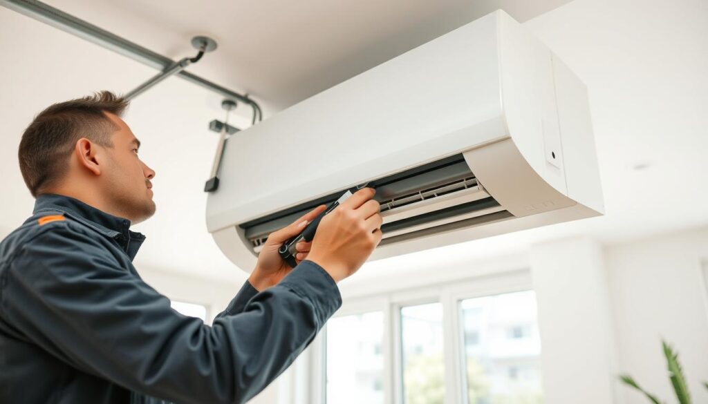 A professional air conditioning technician expertly installing a modern, energy-efficient split-system unit in a residential setting. The technician is shown mid-task, carefully measuring and aligning the indoor and outdoor components with precision tools and equipment. The foreground focuses on the technician's skilled hands and the intricate wiring and tubing of the system. The middle ground showcases the sleek, minimalist design of the air conditioning unit, blending seamlessly into the modern home's architecture. The background depicts a clean, well-lit interior space with natural lighting flooding in through large windows, creating a bright, airy atmosphere. The overall scene conveys a sense of expertise, efficiency, and the importance of proper installation for optimal aircon performance and reliability.