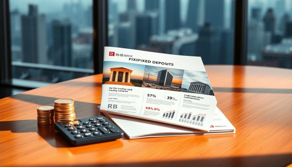 A professional and modern-looking brochure showcasing RHB Bank's fixed deposit offerings. The brochure lies on a polished wooden table, bathed in warm, directional lighting that casts subtle shadows. In the foreground, stacks of gold coins and a calculator symbolize the financial benefits of RHB's fixed deposits. In the middle ground, the brochure features clean typography, infographics, and images of bank buildings, conveying trust and stability. The background is a blurred, out-of-focus city skyline, hinting at RHB's global presence and expertise. The overall composition exudes a sense of sophistication, security, and the promise of reliable financial growth.