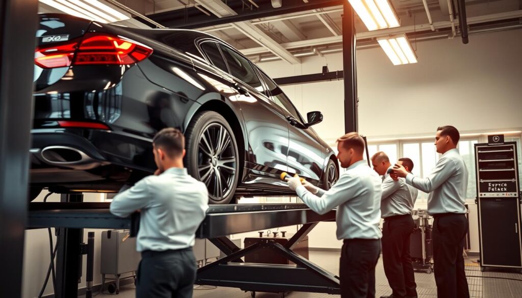 A professional car detailing service station, with a gleaming black sedan on a hydraulic lift undergoing a meticulous express car polishing treatment. The scene is bathed in warm, diffused lighting, creating a soft, inviting atmosphere. In the foreground, a team of skilled technicians clad in crisp uniforms diligently work with high-quality polishing tools, meticulously buffing the car's exterior to a mirror-like shine. The middle ground showcases the state-of-the-art equipment and well-organized workstations, conveying a sense of efficiency and attention to detail. The background features the clean, modern interior of the service center, with sleek, minimalist design elements that reinforce the brand's commitment to excellence.