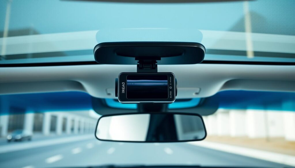 A professional-grade dashboard camera installation in a modern vehicle. The IROAD X10 Pro dash cam is mounted discreetly on the windshield, capturing the road ahead in crisp 4K resolution. Bright, natural lighting illuminates the interior, with clean lines and a minimalist aesthetic. The camera's sleek, low-profile design blends seamlessly with the dashboard, maintaining a clean, uncluttered appearance. Subtle reflections on the glass surface add depth and dimension to the scene. The overall impression is one of high-quality, reliable performance integrated harmoniously into the vehicle's interior.