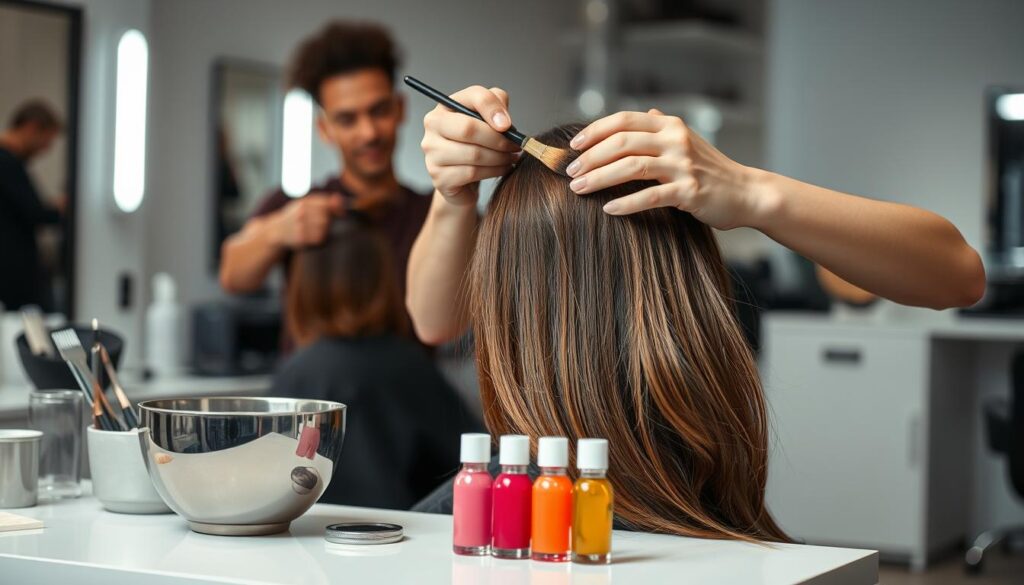 A professional hair stylist in a well-lit salon, carefully applying hair dye with precision using a tinting brush. The client's hair is sectioned off, with foils strategically placed to protect the scalp. The stylist's movements are fluid and practiced, as they blend the color seamlessly from roots to ends. The atmosphere is calm and focused, with the faint aroma of haircare products lingering in the air. A stainless steel mixing bowl and a selection of vibrant dye shades sit on a pristine work surface, ready for the next step in the transformation. The camera captures the process from a slightly elevated angle, allowing the viewer to observe the meticulous technique. A professional hair stylist in a well-lit salon, carefully applying hair dye with precision using a tinting brush. The client's hair is sectioned off, with foils strategically placed to protect the scalp. The stylist's movements are fluid and practiced, as they blend the color seamlessly from roots to ends. The atmosphere is calm and focused, with the faint aroma of haircare products lingering in the air. A stainless steel mixing bowl and a selection of vibrant dye shades sit on a pristine work surface, ready for the next step in the transformation. The camera captures the process from a slightly elevated angle, allowing the viewer to observe the meticulous technique.