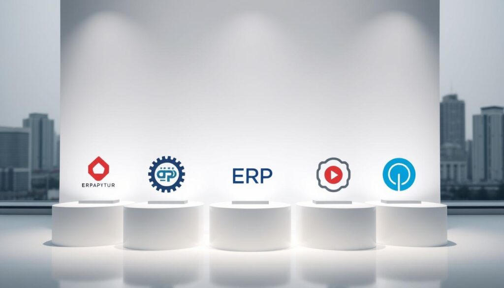 A professional, well-lit product photography scene showcasing 5 top ERP software solutions. In the foreground, the logos of the 5 leading ERP platforms are displayed on elegant, minimalist podiums, evenly spaced and illuminated by soft, directional lighting. The middle ground features a clean, white backdrop, lending a sense of sophistication. In the background, a muted, blurred cityscape references the urban business landscape. The overall composition conveys a comprehensive, side-by-side comparison of the top ERP options available to Singaporean businesses. A professional, well-lit product photography scene showcasing 5 top ERP software solutions. In the foreground, the logos of the 5 leading ERP platforms are displayed on elegant, minimalist podiums, evenly spaced and illuminated by soft, directional lighting. The middle ground features a clean, white backdrop, lending a sense of sophistication. In the background, a muted, blurred cityscape references the urban business landscape. The overall composition conveys a comprehensive, side-by-side comparison of the top ERP options available to Singaporean businesses.