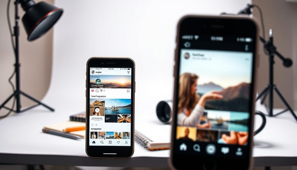 A professional, well-lit studio setting showcasing various Instagram content types. In the foreground, a smartphone displays different social media post formats - a captivating landscape photo, an informative infographic, a dynamic video clip, and an engaging carousel. The middle ground features a selection of analog props such as a camera, notebook, and coffee mug, hinting at the creative process behind crafting impactful Instagram content. The background depicts a clean, minimalist backdrop with soft, even lighting, emphasizing the focal elements. The overall scene conveys a sense of strategic planning and timing for maximizing the impact of diverse Instagram content.