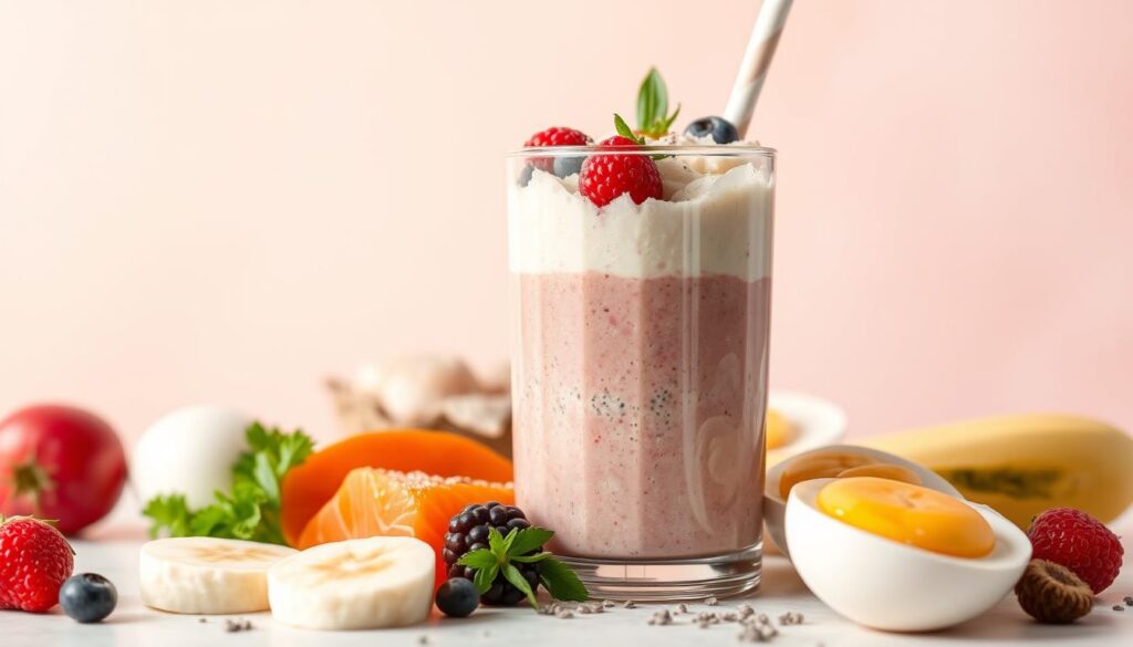A protein-rich smoothie bowl with vibrant fruits and vegetables, set against a clean, minimalist background. The foreground features a glass container filled with a creamy, nutrient-dense protein shake, garnished with sliced bananas, berries, and a sprinkling of chia seeds. The middle ground showcases an array of whole food protein sources, such as lean chicken, salmon, and eggs, arranged in a visually appealing manner. The background has a soft, pastel-toned gradient, creating a calm and serene atmosphere. Warm, natural lighting accentuates the textures and colors, conveying the healthy, rejuvenating properties of the protein-packed scene.