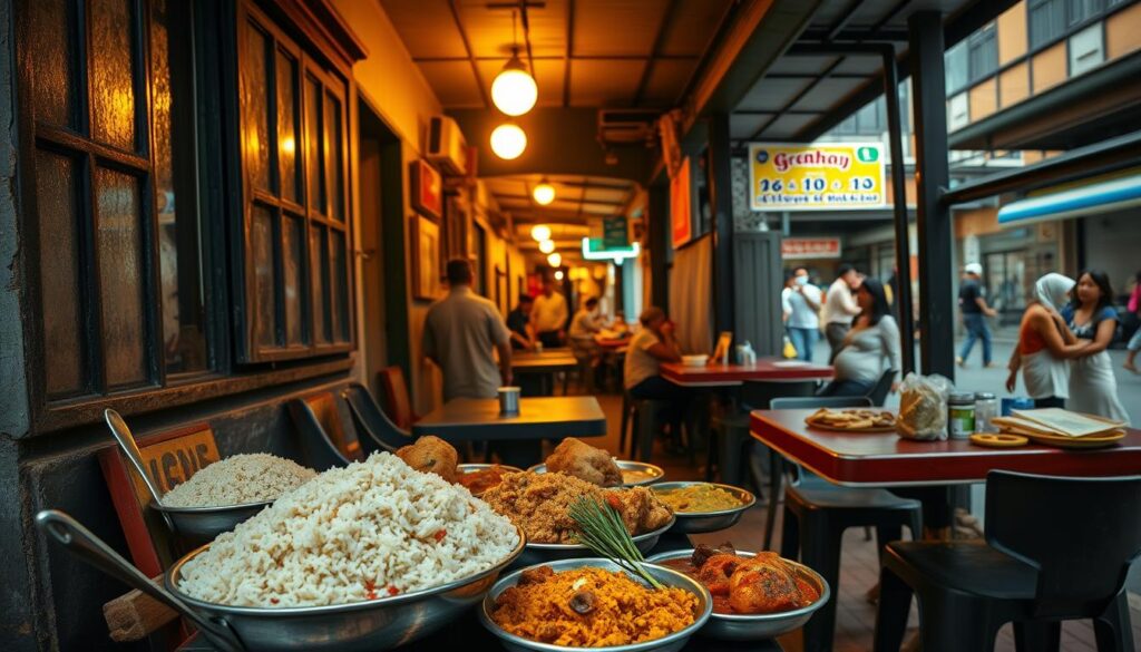 A quaint, tucked-away nasi kandar eatery, its unassuming facade belying the mouthwatering delights within. Warm, golden lighting filters through the windows, casting a cozy glow over the modest, well-worn tables and chairs. The aroma of fragrant spices and simmering curries permeates the air, beckoning passersby to step inside and discover this hidden culinary gem. In the foreground, a tantalizing spread of nasi kandar dishes - fluffy rice, tender meats, and an array of vibrant, flavor-packed curries and accompaniments. The middle ground reveals the bustling, yet intimate atmosphere, with locals and in-the-know diners savoring every bite. Beyond, a glimpse of the vibrant street life, hinting at the eclectic, multicultural character of the neighborhood.