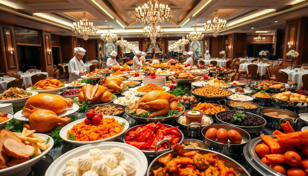 A richly diverse global buffet, brimming with tantalizing culinary delights from around the world. In the foreground, a lavish spread of festive dishes - golden-roasted turkeys, fragrant curries, sizzling dim sum, and decadent desserts. The middle ground showcases chefs in crisp white uniforms meticulously plating each course, while the background reveals a warmly lit dining hall with high ceilings, chandeliers, and elegant tablescapes. The lighting is soft and warm, casting a inviting glow over the scene. Capture the spirit of a global Christmas celebration, where flavors from East and West harmonize in a harmonious feast for the senses.