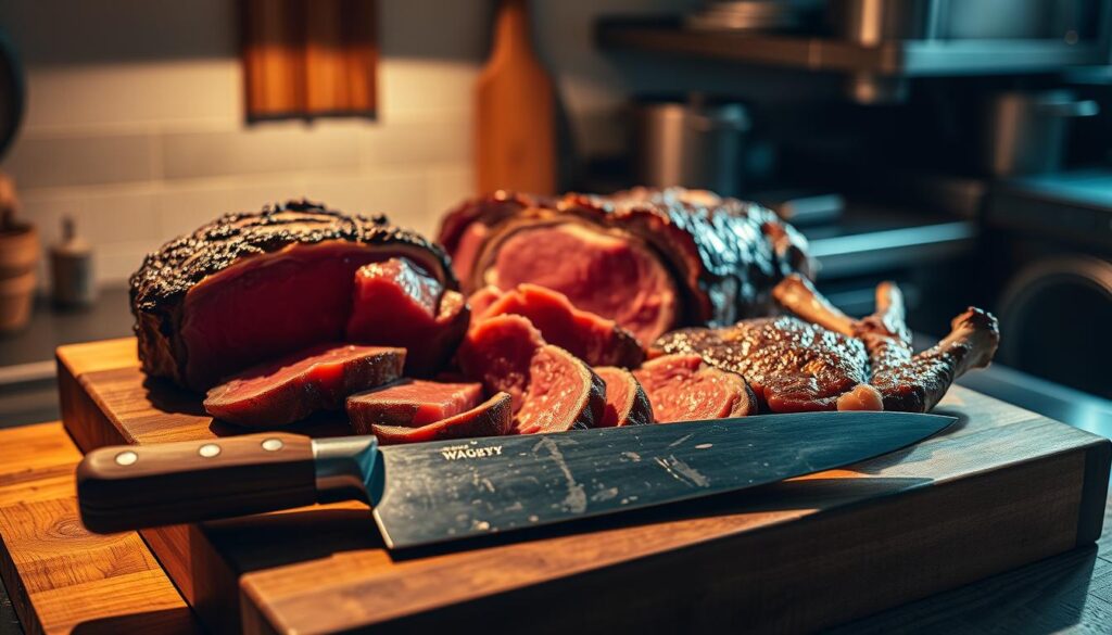 A richly-lit, high-resolution image of a pristine wooden butcher's block, showcasing an elegant arrangement of unique beef cuts - a juicy, thick-cut Porterhouse steak, delicate slices of Wagyu beef, and succulent short ribs. The lighting casts dramatic shadows, highlighting the intricate marbling and texture of the meat. In the foreground, a well-worn chef's knife stands ready, while in the background, a hint of a professional kitchen can be seen, conveying a sense of expertise and culinary mastery. The overall mood is one of reverence and appreciation for the art of preparing exceptional beef. A richly-lit, high-resolution image of a pristine wooden butcher's block, showcasing an elegant arrangement of unique beef cuts - a juicy, thick-cut Porterhouse steak, delicate slices of Wagyu beef, and succulent short ribs. The lighting casts dramatic shadows, highlighting the intricate marbling and texture of the meat. In the foreground, a well-worn chef's knife stands ready, while in the background, a hint of a professional kitchen can be seen, conveying a sense of expertise and culinary mastery. The overall mood is one of reverence and appreciation for the art of preparing exceptional beef.