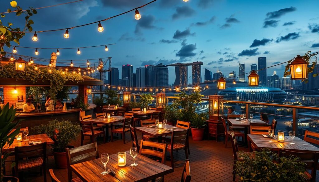 A rooftop scene in Singapore, with a lively alfresco dining area under the evening sky. Weathered wooden tables and chairs arranged around a central bar, bathed in the warm glow of string lights and lanterns. Lush potted plants and trailing vines create a sense of cozy, intimate ambiance. In the background, the iconic skyline of Singapore's city center, with towering skyscrapers and the distinctive Marina Bay Sands hotel. A gentle breeze ruffles the tablecloths, and the chatter of diners mingles with the sounds of clinking glassware. The overall mood is one of relaxation, indulgence, and the perfect setting for a romantic date night.