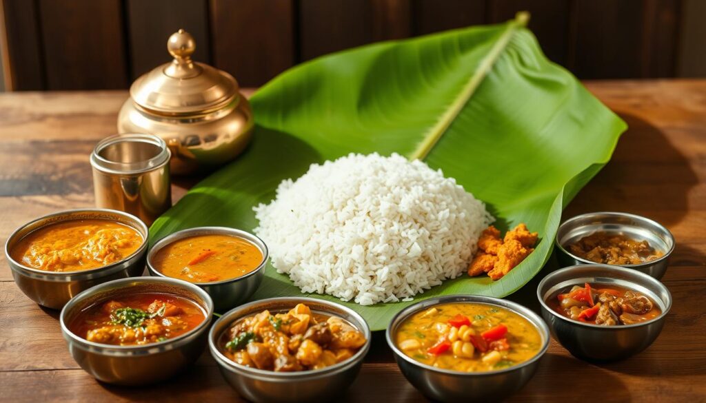 A rustic still life of authentic banana leaf meal components, arranged with care on a wooden table. In the foreground, a variety of curries and side dishes - sambar, rasam, kari, and achar - each with its distinct color and texture. The middle ground features gleaming brass vessels, a mound of fragrant basmati rice, and a freshly plucked banana leaf, its broad green expanse folded to create an edible plate. Soft, diffused lighting casts gentle shadows, evoking the intimate ambiance of a traditional banana leaf restaurant in Singapore. The overall composition exudes an air of authenticity, inviting the viewer to savor the flavors and traditions of this beloved local cuisine. A rustic still life of authentic banana leaf meal components, arranged with care on a wooden table. In the foreground, a variety of curries and side dishes - sambar, rasam, kari, and achar - each with its distinct color and texture. The middle ground features gleaming brass vessels, a mound of fragrant basmati rice, and a freshly plucked banana leaf, its broad green expanse folded to create an edible plate. Soft, diffused lighting casts gentle shadows, evoking the intimate ambiance of a traditional banana leaf restaurant in Singapore. The overall composition exudes an air of authenticity, inviting the viewer to savor the flavors and traditions of this beloved local cuisine.
