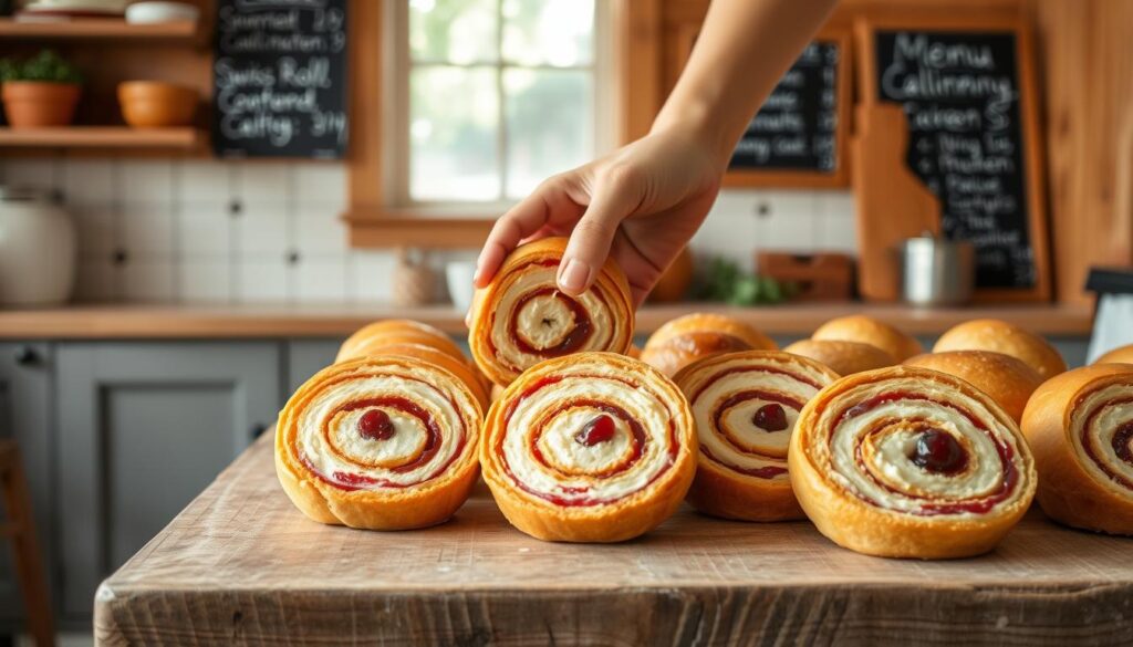 A rustic wooden table in a cozy kitchen, the soft glow of natural light filtering through the window. Atop the table, an array of freshly baked Swiss rolls, their delicate spongy texture and swirling patterns of cream and jam inviting closer inspection. A discerning hand reaches out, gently selecting the perfect specimen - the golden-brown exterior, the flawless spiral, the ideal balance of flavors. In the background, a simple chalkboard menu, hinting at the vast array of Swiss roll varieties on offer. The scene exudes a sense of artisanal care, guiding the viewer towards making the ultimate Swiss roll choice.