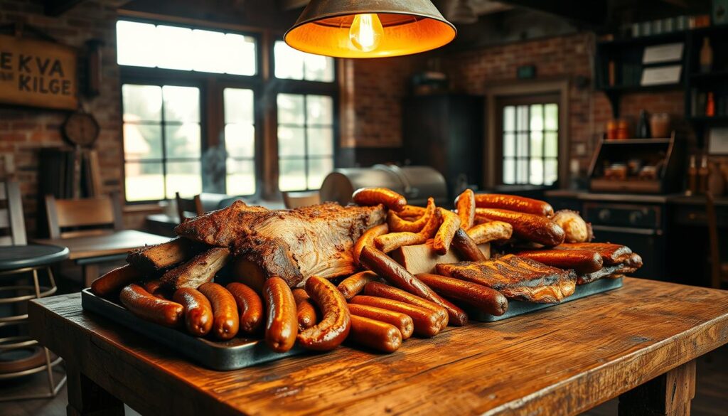 A rustic wooden table, its surface weathered and worn, is the centerpiece of this scene. Atop it, an array of mouthwatering Texas-style smoked meats - succulent brisket, juicy sausages, and tender ribs - sizzle under the warm glow of a vintage pendant light. The aroma of oak smoke and spices permeates the air, setting the mood for a truly authentic barbecue experience. In the background, worn brick walls and antique furnishings evoke the spirit of a classic Texas smokehouse, while natural light streams in through large windows, casting a soft, golden hue over the scene. The overall atmosphere is one of comfort, tradition, and the irresistible allure of expertly crafted, smoky delights.