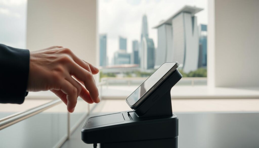 A secure mobile device transaction in Singapore, captured with a wide-angle lens. In the foreground, a smartphone is securely paired with a contactless payment terminal, with a sleek and modern design. The user's hand is visible, interacting with the device, conveyed through natural hand gestures. The middle ground features a minimalist, well-lit urban backdrop, with clean lines and neutral tones, creating a sense of professionalism and trust. The background showcases the iconic cityscape of Singapore, with its towering skyscrapers and lush greenery, suggesting a technologically advanced and prosperous metropolitan environment. The overall mood is one of efficiency, safety, and reliability, reflecting the secure nature of the mobile transaction.