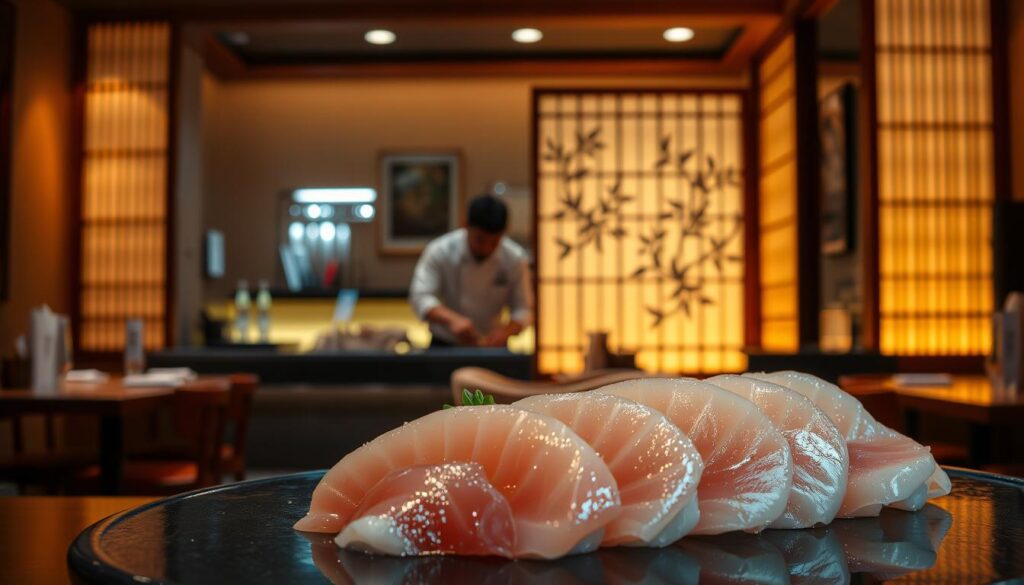 A serene Japanese restaurant interior, bathed in warm, ambient lighting. In the foreground, a beautifully presented sushi platter, featuring delicately sliced raw fish, glistening with freshness. In the middle ground, a skilled sushi chef meticulously preparing nigiri, his movements fluid and precise. In the background, a traditional shoji screen divides the space, casting intricate shadows. The atmosphere is one of tranquility and refined elegance, inviting the viewer to immerse themselves in the Japanese culinary experience.