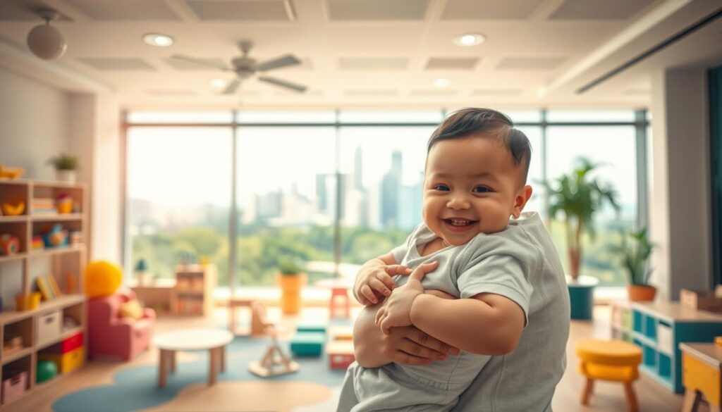 A serene and inviting indoor setting showcasing the benefits of infant care in Singapore. In the foreground, a smiling infant is cradled in the arms of a caregiver, conveying a sense of safety and nurturing. The middle ground features a modern, well-equipped childcare facility with colorful toys, educational materials, and comfortable furnishings. The background depicts a cityscape of Singapore, with its iconic skyline and lush greenery, suggesting the convenience and accessibility of quality infant care services. The scene is bathed in warm, natural lighting, creating a calming and inviting atmosphere. The overall composition emphasizes the care, development, and well-being of infants in a vibrant, world-class city.