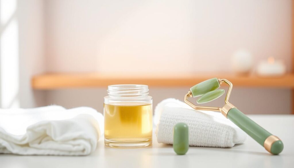 A serene and tranquil scene of a woman's post-facial skincare routine. Centered on a delicate glass jar filled with a nourishing face serum, soft and diffused lighting illuminates the scene. In the foreground, a clean white towel and a jade facial roller lie next to the jar, hinting at the soothing and revitalizing steps of the routine. The middle ground features a tranquil, minimalist background, with a simple wooden shelf or surface, creating a calming and spa-like atmosphere. The lighting is soft and natural, casting gentle shadows and highlights, emphasizing the thoughtful and intentional nature of the self-care ritual. An air of relaxation and rejuvenation permeates the image, perfectly capturing the essence of essential aftercare following an extraction facial. A serene and tranquil scene of a woman's post-facial skincare routine. Centered on a delicate glass jar filled with a nourishing face serum, soft and diffused lighting illuminates the scene. In the foreground, a clean white towel and a jade facial roller lie next to the jar, hinting at the soothing and revitalizing steps of the routine. The middle ground features a tranquil, minimalist background, with a simple wooden shelf or surface, creating a calming and spa-like atmosphere. The lighting is soft and natural, casting gentle shadows and highlights, emphasizing the thoughtful and intentional nature of the self-care ritual. An air of relaxation and rejuvenation permeates the image, perfectly capturing the essence of essential aftercare following an extraction facial.