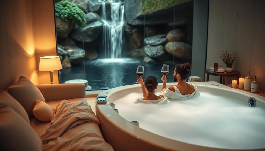 A serene couple's spa suite with a plush sofa, soft lighting, and a tranquil waterfall backdrop. Two robes-clad figures recline in a steaming hot tub, enjoying a glass of wine amidst the soothing ambiance. Satin sheets, scented candles, and a side table laden with spa products create an atmosphere of affordable luxury. The space is bathed in warm, diffused lighting, captured from a slightly elevated angle to showcase the cozy, intimate setting. An overall sense of relaxation and indulgence permeates the scene.