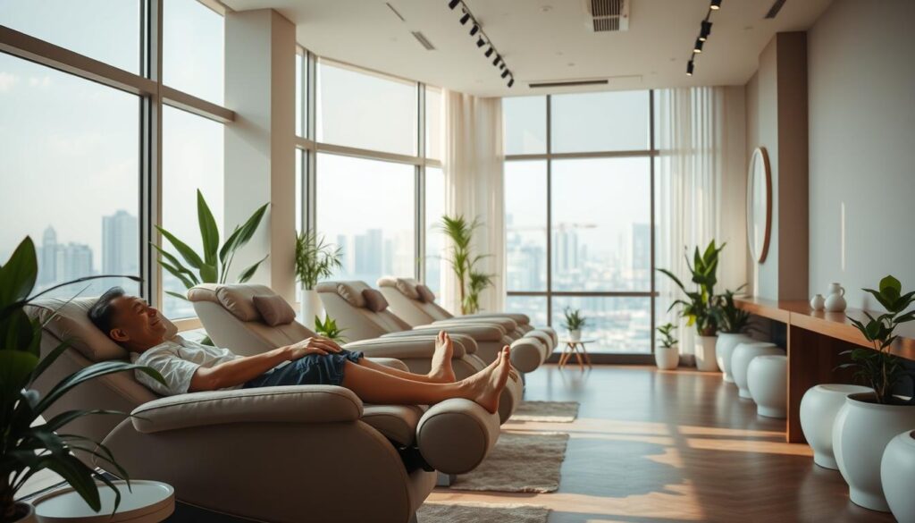 A serene foot massage studio in Singapore, with soft natural lighting filtering through large windows. In the foreground, a customer reclines on a plush massage chair, their feet being expertly manipulated by the skilled hands of a masseuse. The middle ground showcases the tranquil ambiance, with minimalist decor, calming plants, and gentle background music. The background reveals the cityscape beyond, a testament to the oasis of relaxation found within. The overall atmosphere exudes a sense of soothing comfort and rejuvenation, perfectly capturing the essence of "Foot Relief at Feet Haven."