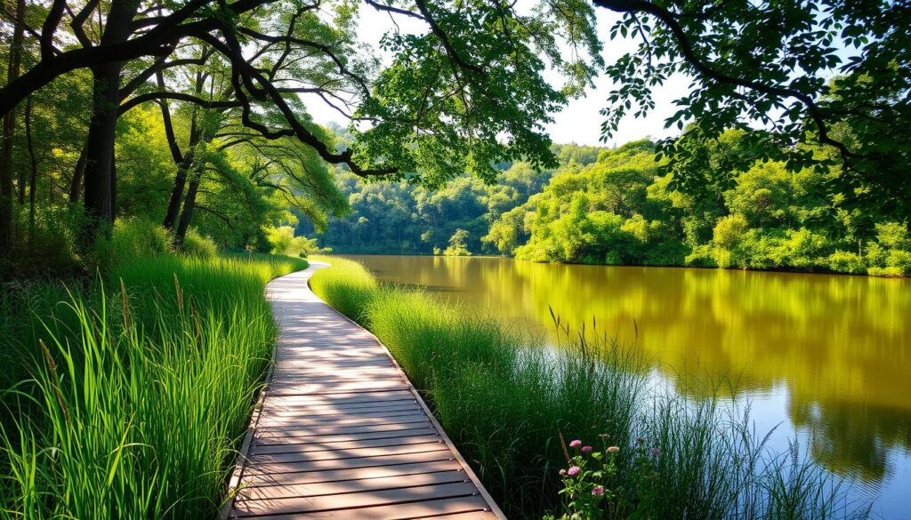 A serene lakeside trail winds through the lush greenery of Thomson Nature Park. Sunlight filters through the canopy, casting a warm glow on the wooden boardwalk and gentle waters of the lake. In the foreground, tall grasses and vibrant wildflowers line the path, inviting visitors to slow down and immerse themselves in the tranquil atmosphere. The middle ground features a reflection of the surrounding trees and sky on the calm surface of the lake, creating a sense of peaceful symmetry. In the distance, the verdant foliage of the park's forests stretches out, hinting at the abundant wildlife and natural wonders waiting to be discovered. This idyllic scene captures the essence of the Thomson Nature Park's lakeside trails, a haven of serenity and natural beauty within the bustling city of Singapore.