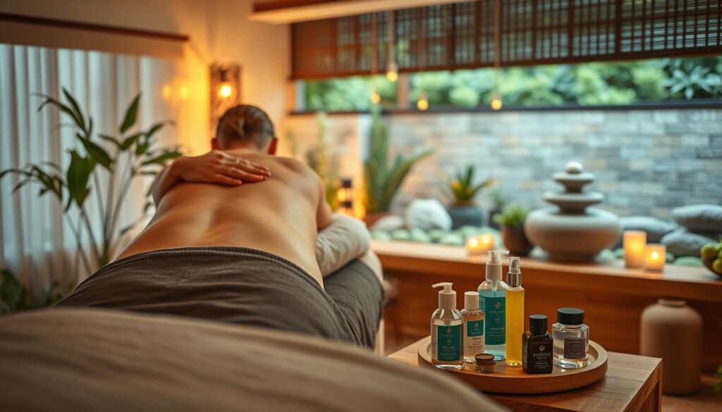 A serene massage studio with warm, ambient lighting. In the foreground, a massage therapist's skilled hands kneading a client's back, using a specialized technique to relieve muscle tension. The middle ground showcases an array of therapeutic oils, lotions, and tools on a wooden side table. In the background, a tranquil zen garden scene with lush plants and a calming water feature, creating a sense of relaxation and rejuvenation. The atmosphere is one of personalized care and holistic healing.