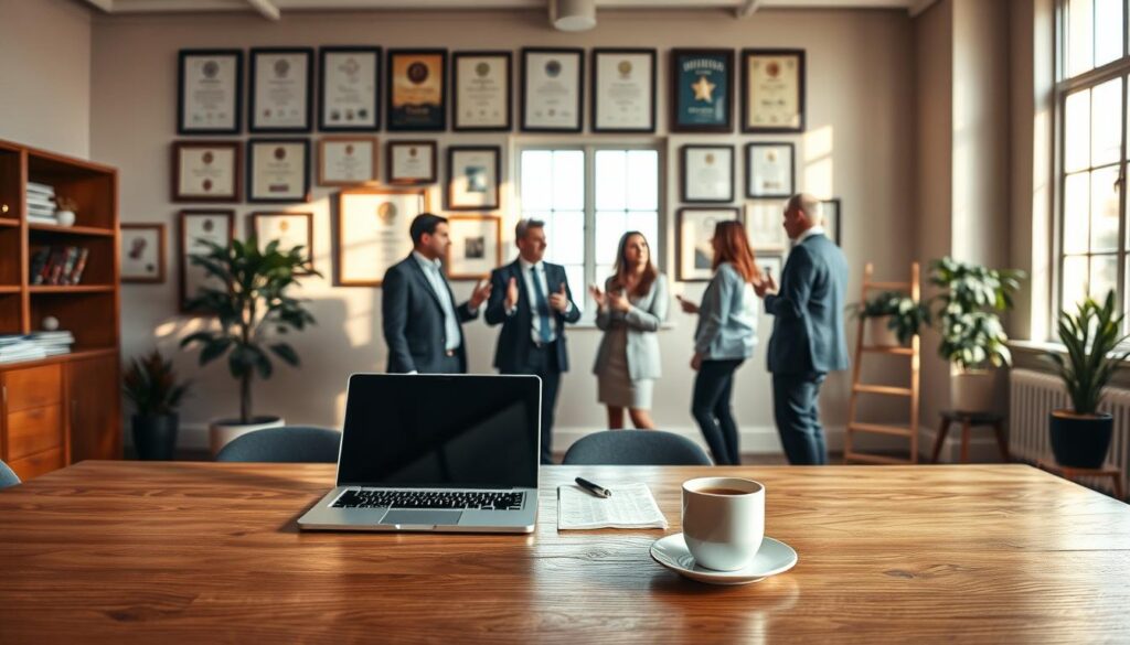 A serene office setting, with a large wooden desk in the foreground. On the desk, a laptop, a notepad, and a cup of coffee, all neatly arranged. In the middle ground, a team of business professionals engaged in a lively discussion, gesturing animatedly. The background features a wall adorned with framed certificates and awards, conveying a sense of expertise and authority. Warm, natural lighting filters through large windows, creating a cozy and productive atmosphere. The overall scene suggests the thoughtful consideration of factors in choosing the right SEO agency to partner with for business success.