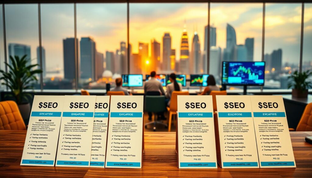 A serene office setting, with a wooden desk in the foreground showcasing various SEO pricing packages. The packages are presented in a clean, organized manner, with detailed pricing information and service descriptions. The middle ground features a team of SEO professionals in a collaborative discussion, surrounded by vibrant, data-driven displays on computer screens. The background portrays the iconic skyline of Singapore, bathed in a warm, golden light that emanates a sense of progress and digital prosperity. The overall atmosphere conveys professionalism, transparency, and the expertise required to navigate the nuances of SEO service pricing in the bustling city.