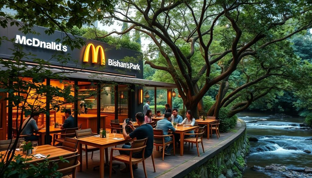 A serene outdoor dining setting at the Bishan Park McDonald's, with a peaceful riverside view. The restaurant's facade blends seamlessly with the lush, verdant surroundings, creating a tranquil, nature-inspired atmosphere. Diners enjoy their meals at wooden tables and chairs, surrounded by flourishing trees and a gently flowing stream. Warm, soft lighting from the restaurant's interior spills out, lending a cozy, inviting ambiance. The scene is captured through a wide-angle lens, highlighting the harmonious integration of the establishment within the picturesque park landscape.